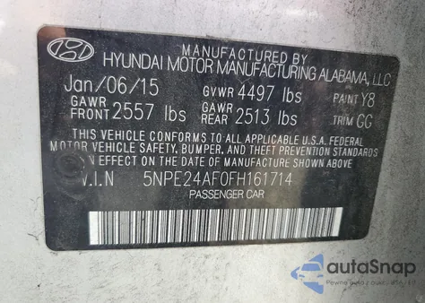 2015 Hyundai Sonata Se from USA, damaged, VIN 5NPE24AF0FH161714